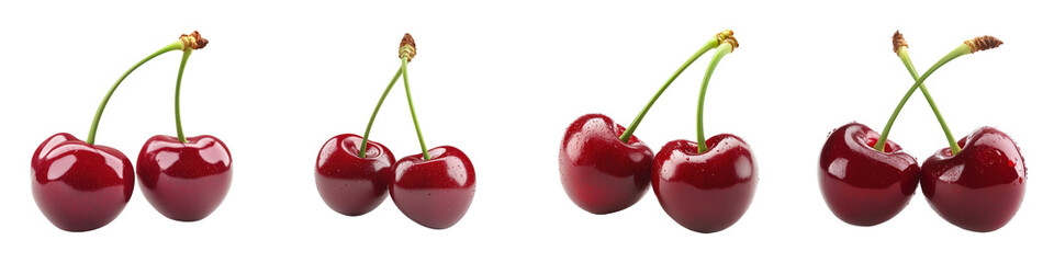 Four sets of paired ripe cherries joined by green stems, glistening with moisture showing freshness