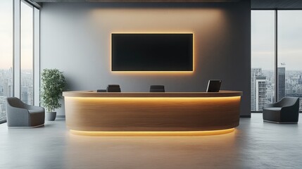 Modern Office Reception Area Featuring a Wooden Desk and City View