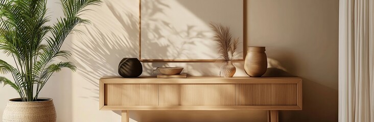 Beautiful and cozy desk with neutral tone home decor accessories on a small table with sun light highlighting the neutral color wall. small ceramic vases sitting on the shelf