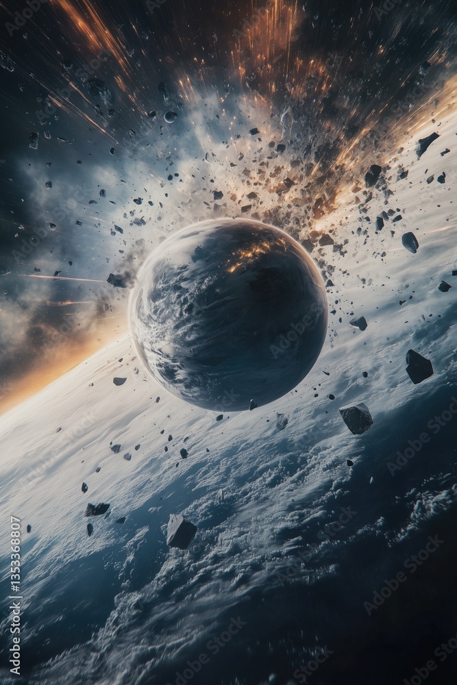 Poster epic space scene of planet collision with debris flying. intense light and dynamic fragments create 