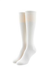 Pair of tall, crisp white cotton socks isolated on pure white background, studio shot, apparel