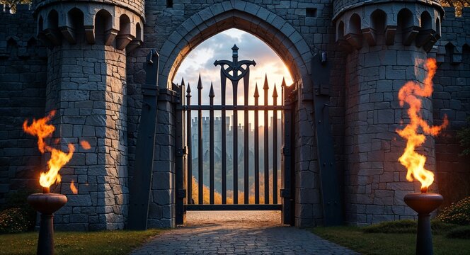 Stone castle gate with iron portcullis under flickering torch flames