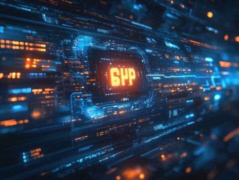 Futuristic Digital Interface with Glowing Logo and Cyberpunk Elements