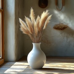 White Ceramic Vase Pampas Grass Still Life Minimalistic Scandinavian Design