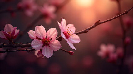 Gentle Blossoms on Bare Branches at Sunset Glow