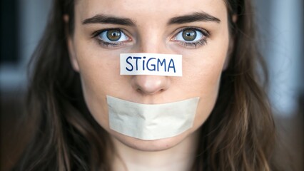 Mental Health Stigma Awareness. A woman with a "STIGMA" label on her forehead and tape over her mouth, symbolizing silence and stigma.