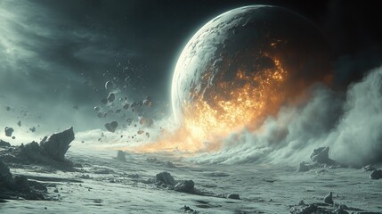 Epic space scene of a planet on the verge of destruction, with glowing lava fissures and floating debris. A desolate, rocky surface under a cosmic backdrop creates a dramatic sci-fi atmosphere.