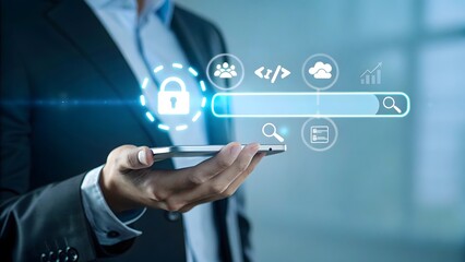 A businessman's hand holding a futuristic glowing AI symbol, highlighting the role of AI in shaping the future