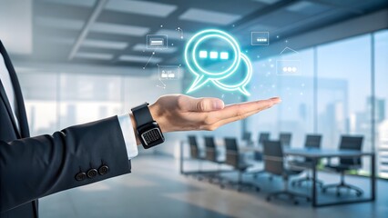 A businessman's hand presenting a glowing chat symbol, representing modern communication and AI integration