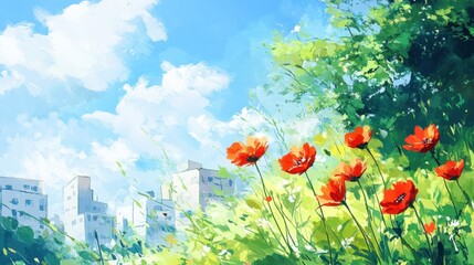 Vibrant Cityscape with Blooming Poppies Under a Sunny Sky