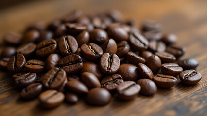 Naklejka premium Roasted Coffee Beans on a Textured Wooden Table