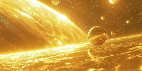A futuristic golden galaxy with metallic planets and glowing celestial bodies