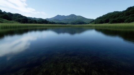 Fototapeta premium Serene lake reflecting mountains. Calm water mirrors the surrounding landscape of lush green forests and hills. Tranquil scene