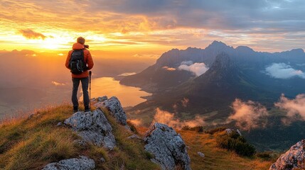 Obraz premium A hiker admires a mountain range from a peak at sunset