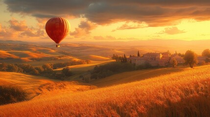 Obraz premium A beautiful red balloon floating above rolling hills at sunset