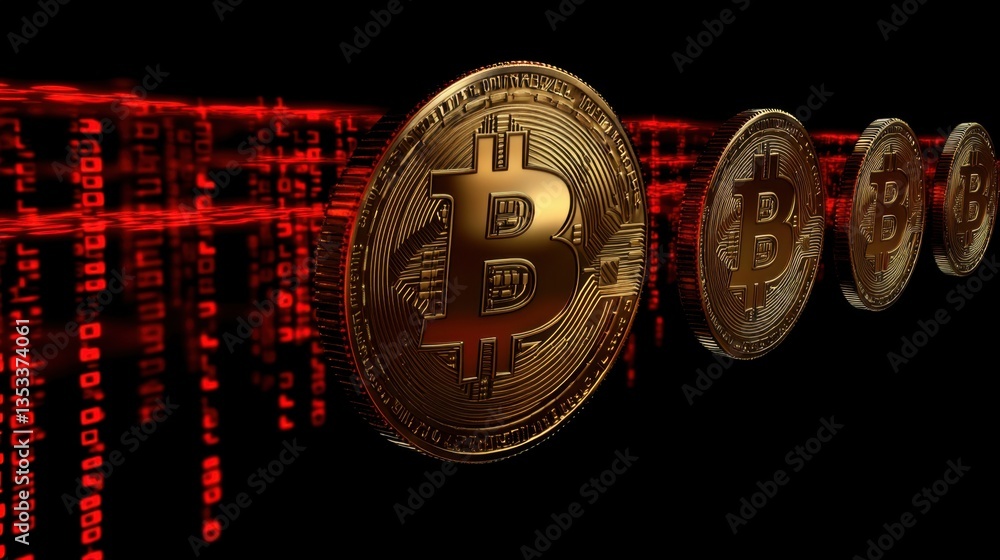 Poster floating bitcoin symbols surrounded by dynamic binary code, digital economy theme