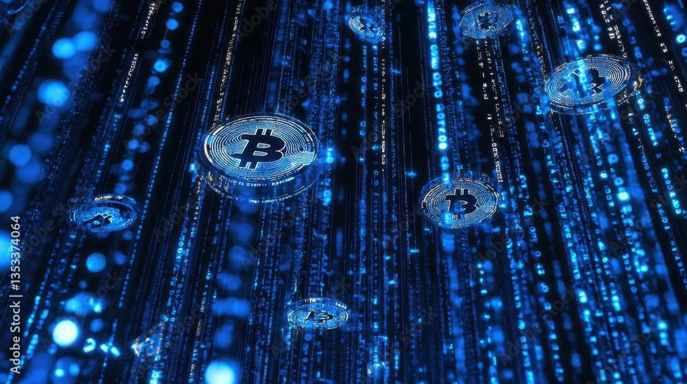 Poster floating bitcoin symbols surrounded by dynamic binary code, digital economy theme