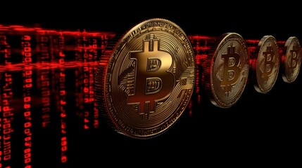 Floating bitcoin symbols surrounded by dynamic binary code, digital economy theme