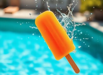 Fresh Orange Popsicle in Swimming Pool