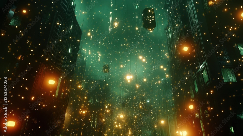 Poster floating neon particles gently moving in a dark void, evoking a sense of futuristic wonder and digit