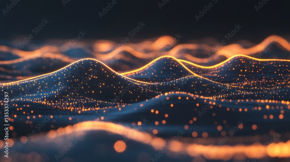 Poster floating neon particles gently moving in a dark void, evoking a sense of futuristic wonder and digit