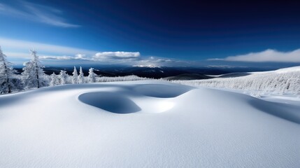 Obraz premium Winter wonderland high mountain landscape. Vast snow-covered plateau with sculpted snow formations, icy peaks, and evergreen trees. Clear blue sky with scattered clouds