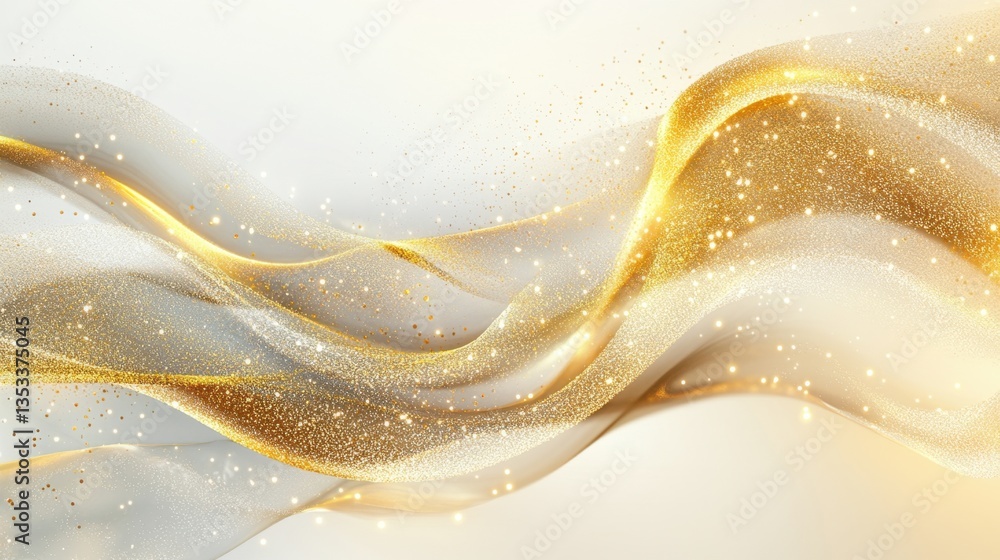 Poster flowing golden and white waves with glowing golden dust, creating a dynamic yet elegant abstract bac