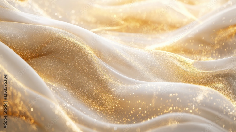 Poster flowing golden and white waves with glowing golden dust, creating a dynamic yet elegant abstract bac