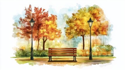 Autumnal Park Scene: Tranquil Bench, Golden Trees, and Lampposts