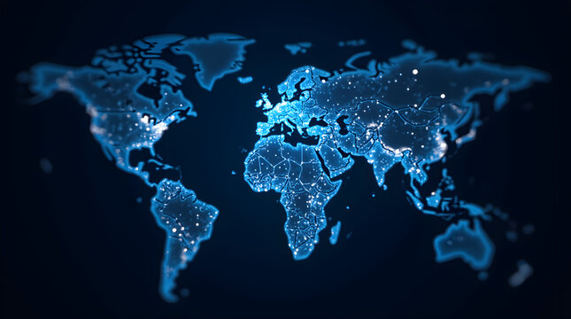 Futuristic Digital World Map – Global Network and Technology Concept