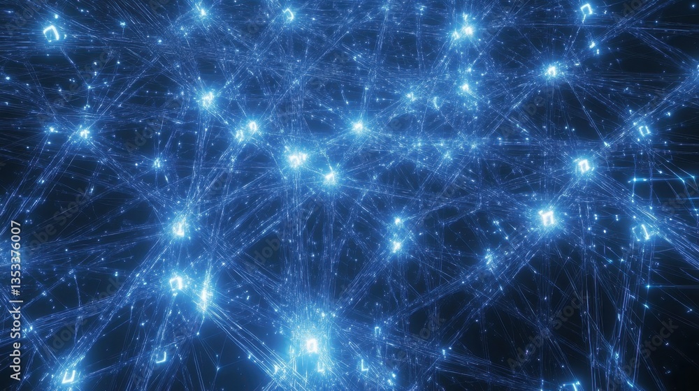 Poster futuristic digital grid of interconnected internet technologies, glowing blue and white nodes resemb