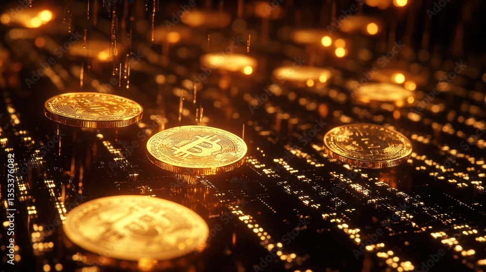Poster futuristic gold coins dropping through a cyber-inspired background of binary digits