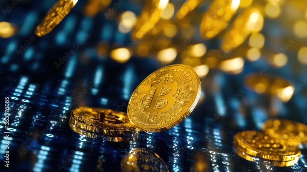 Poster futuristic gold coins dropping through a cyber-inspired background of binary digits