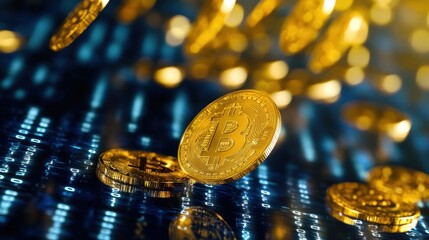 Futuristic gold coins dropping through a cyber-inspired background of binary digits