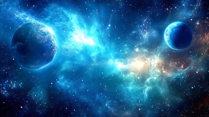Two Blue Planets Surrounded By Cosmic Dust And Celestial Bodies