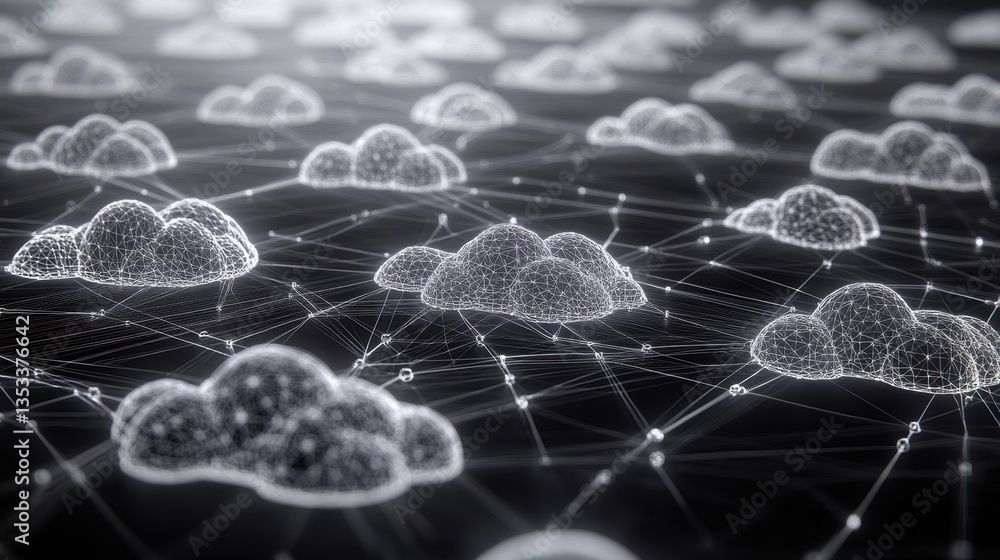 Poster glowing 3d wireframe mesh depicting interconnected cloud computing systems