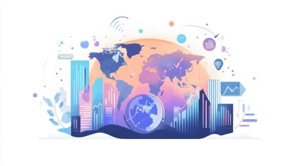 Global business expansion illustration with financial indicators, increasing profit margins, and futuristic economic analysis.
