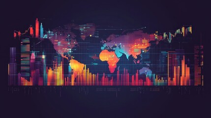 Global economy infographic with futuristic holographic charts, depicting positive investment trends and GDP expansion.