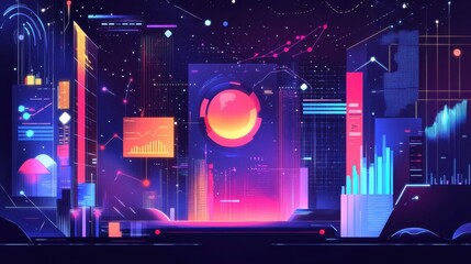 Obraz premium Global business expansion illustration with financial indicators, increasing profit margins, and futuristic economic analysis.