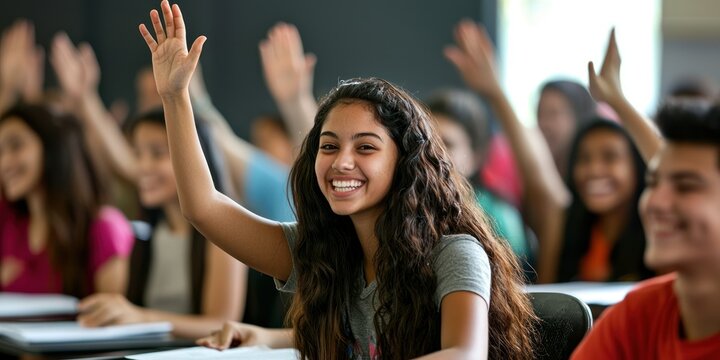 A group of diverse students celebrating after successfully completing a test, high-fiving each other