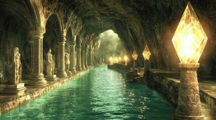 A serene underground water passage with ornate statues and bright lights