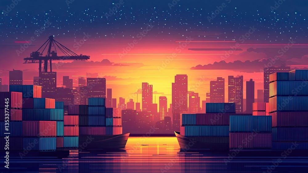 Poster a twilight view from a port symbolizing global logistics.