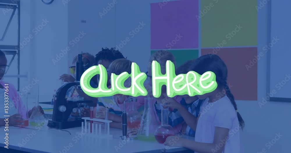 Poster in school, children conducting science experiments with animation text overlay