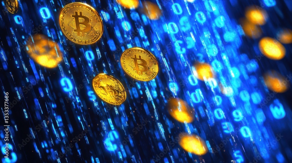 Aufkleber golden bitcoin coins falling in a stream of neon blue binary numbers, tech-inspired
