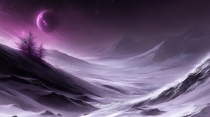 A dramatic and otherworldly mountain landscape featuring a purple planet