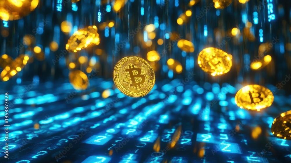 Poster golden bitcoin coins falling in a stream of neon blue binary numbers, tech-inspired