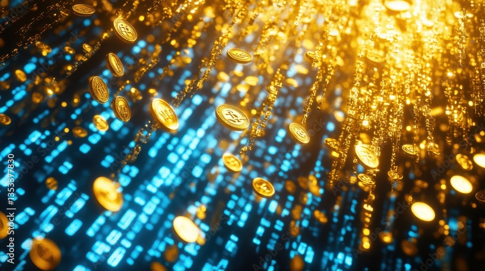 Poster golden bitcoin coins falling in a stream of neon blue binary numbers, tech-inspired