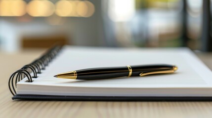 A black and gold pen rests on a lined open notebook