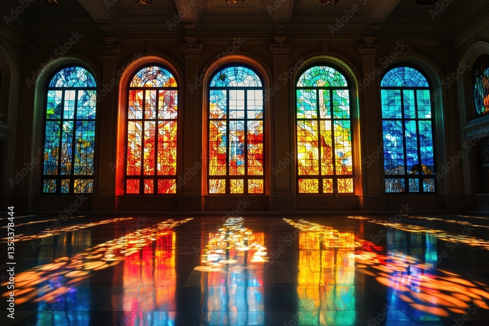 Poster a spacious interior with large stained glass windows casting colorful reflections on the floor. the 