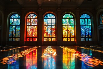Obraz premium A spacious interior with large stained glass windows casting colorful reflections on the floor. The windows feature intricate designs in vibrant hues, creating a serene and artistic atmosphere.